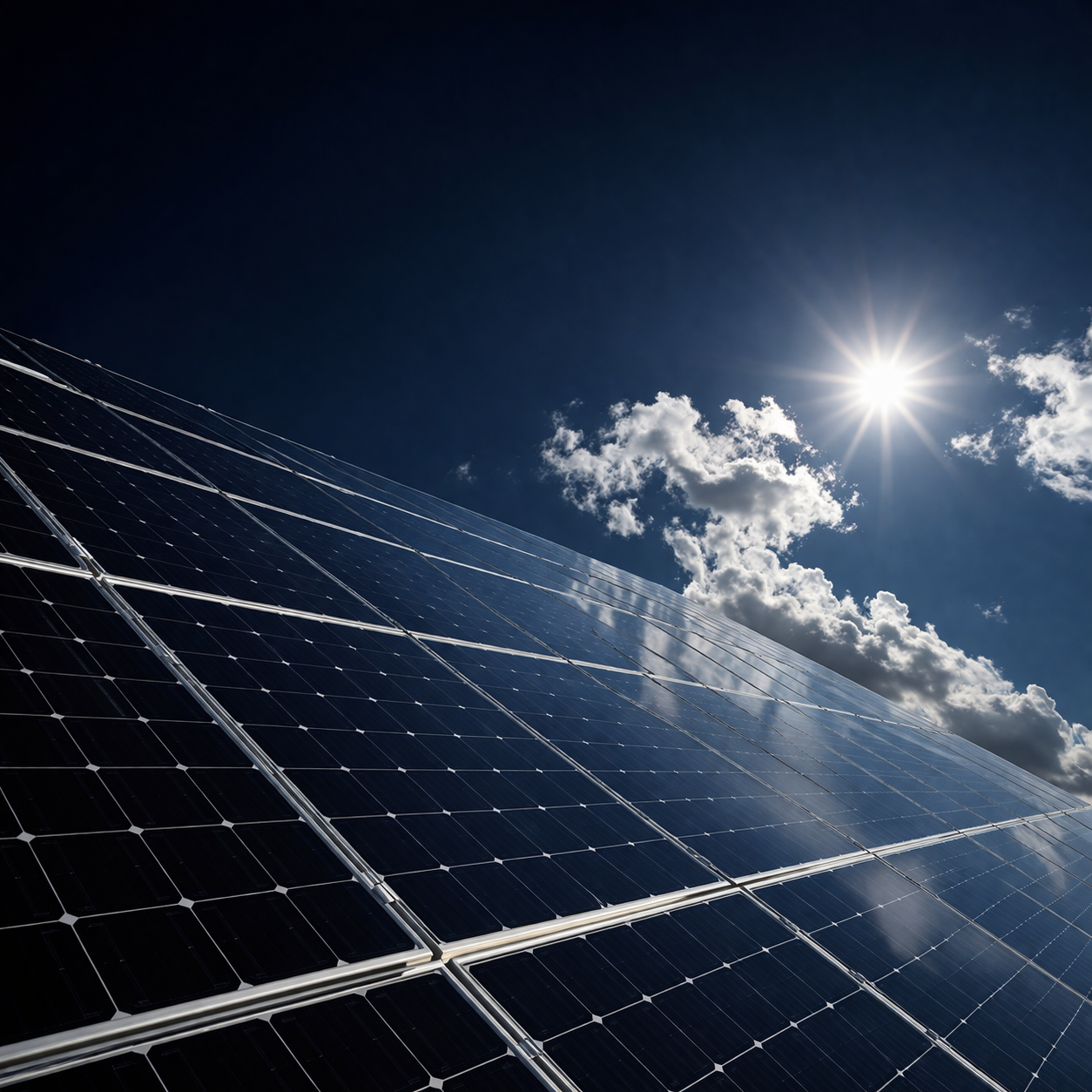 Solar panels beneath a dramatic sky